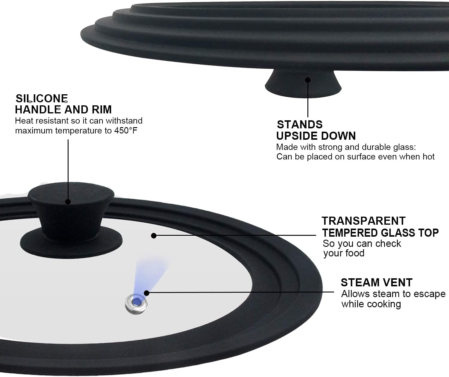 Universal Lid for Pots, Pans and Skillets - Tempered Glass with Heat Resistant Silicone Rim, Fits 10", 11" and 12" Diameter Cookware, Round