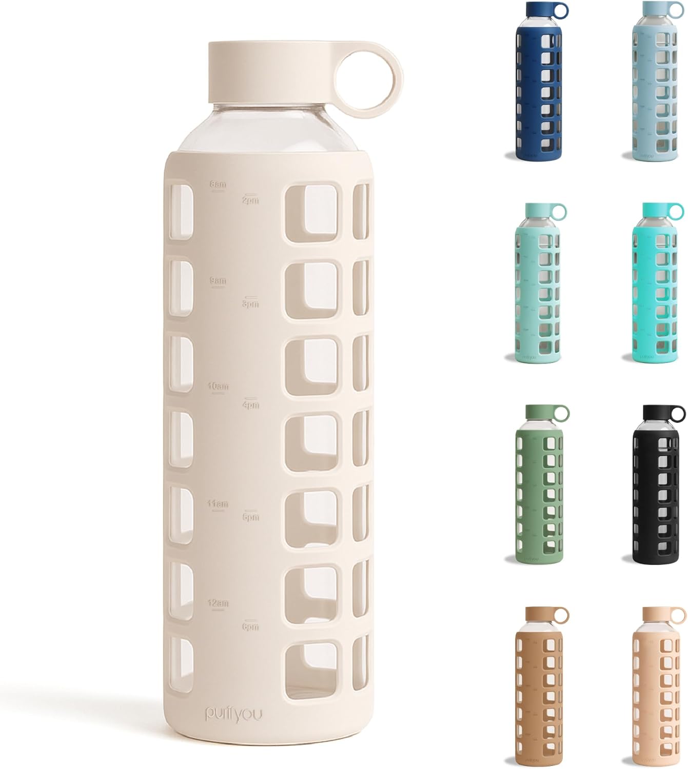 purifyou 40oz / 32oz / 22oz / 12oz Borosilicate Glass Water Bottle with Time & Volume Markers, Silicone Sleeve