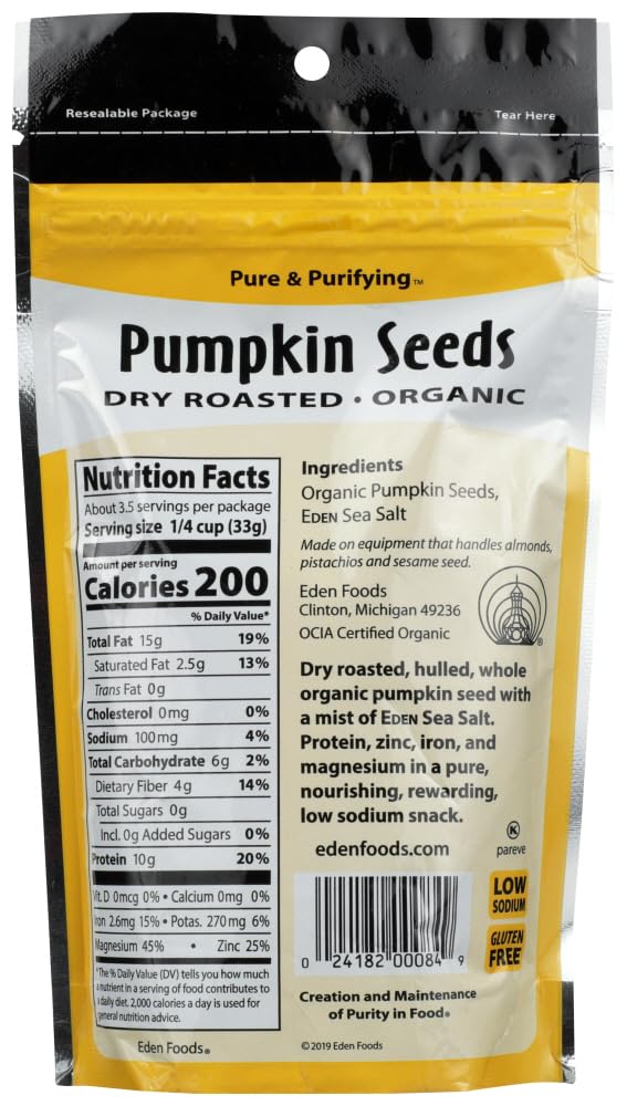 Eden Foods, Organic, Pumpkin Seeds, Dry Roasted, 4 oz pack of 2