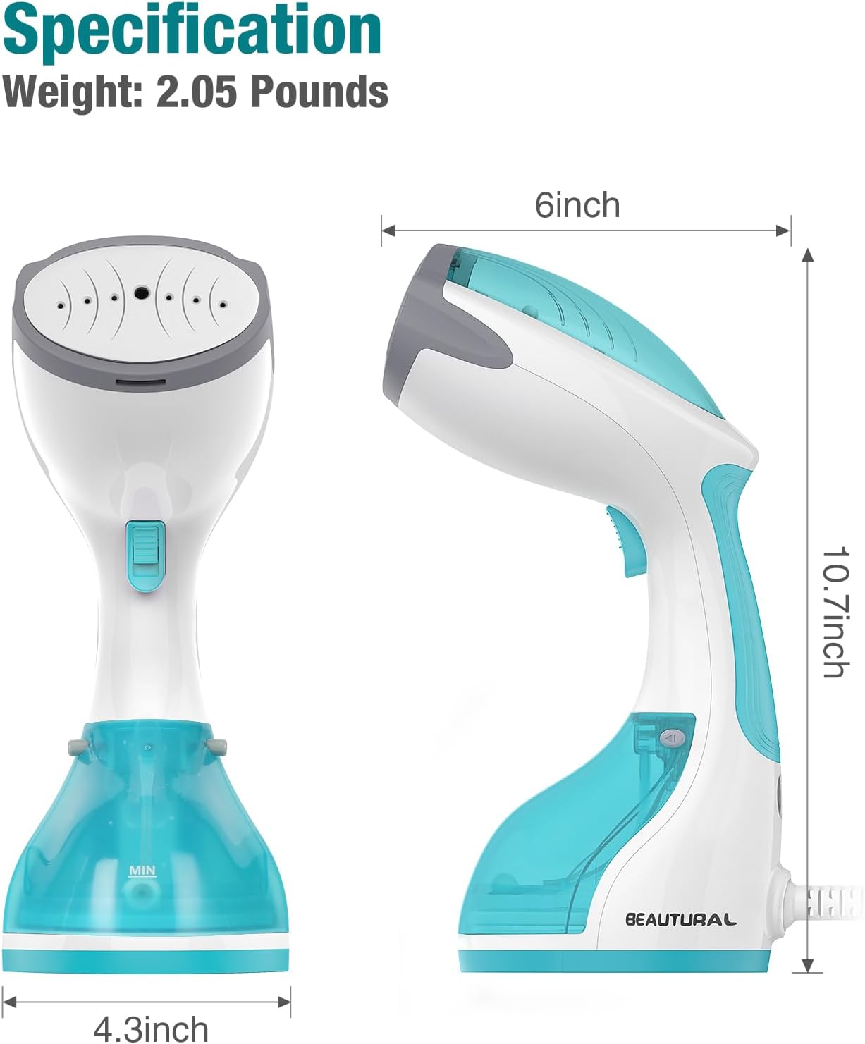 BEAUTURAL Steamer for Clothes, Handheld Garment Fabric Wrinkle Remover | 30-Second Fast Heat-up, Ceramic Heating Plate, Auto Shutoff
