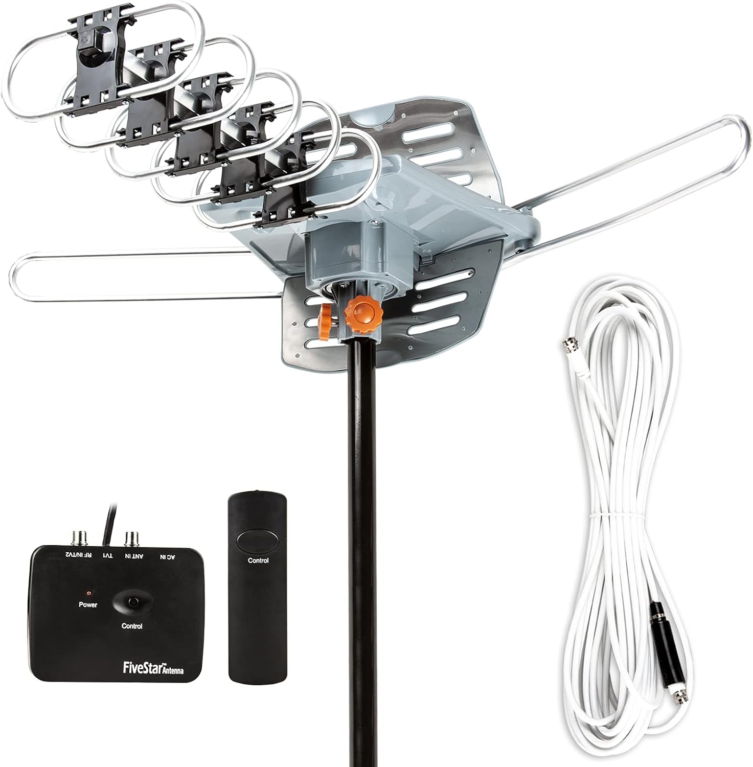 Five Star Outdoor 150 Mile Motorized 360 Degree Rotation OTA Amplified HDTV Antenna for 2 TVs Support - UHF/VHF/1080P Channels Wireless Remote