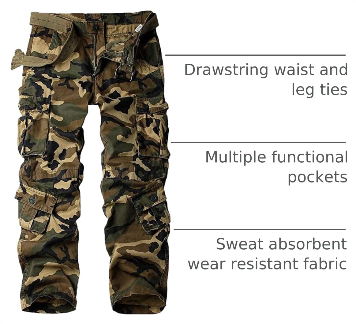 Mens Cargo Pants Camo Work Tactical Rip Stop BDU Casual Army Military Pants | 100% Cotton,Wear Resistant,Breathable,Sweat-absorbent,Men's Wild Cargo Pants with 8 Pockets,Relaxed Loose Fit Hiking Pants