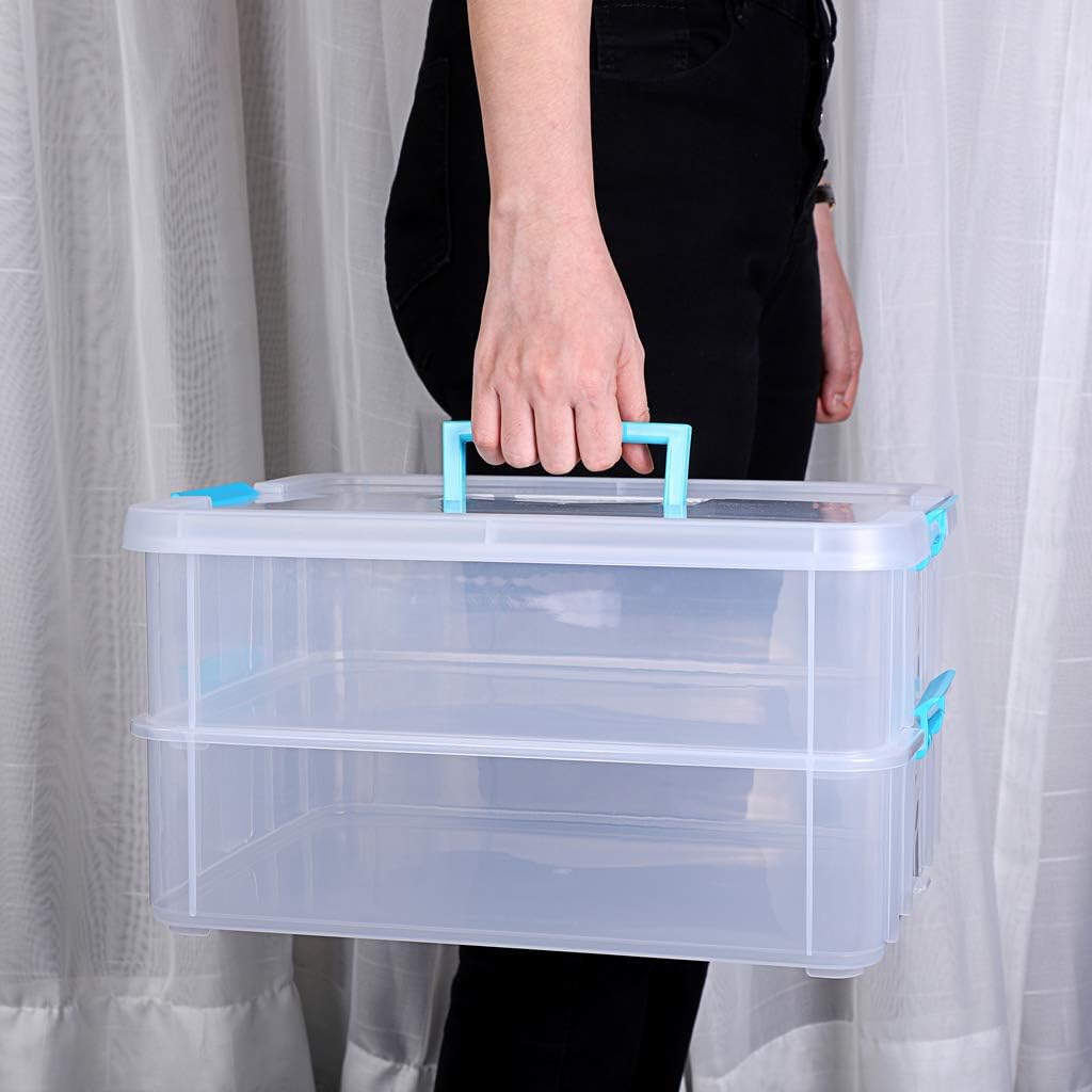 JUXYES 2-Tiers Plastic Stack Carry Storage Containers Box wih Handle Lids