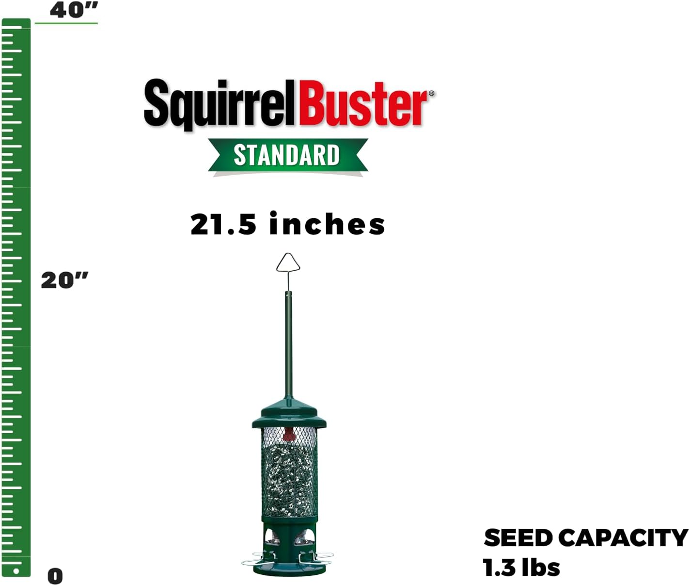 Squirrel Buster Standard Squirrel-proof Bird Feeder w/4 Metal Perches, 1.3-pound Seed Capacity, garden green | Four metal perches