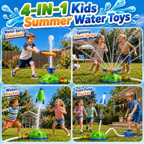 4-in-1 Kids Water Sprinkler Toys for Outdoor Play – Foot Pump Rocket, Water Spray Rocket