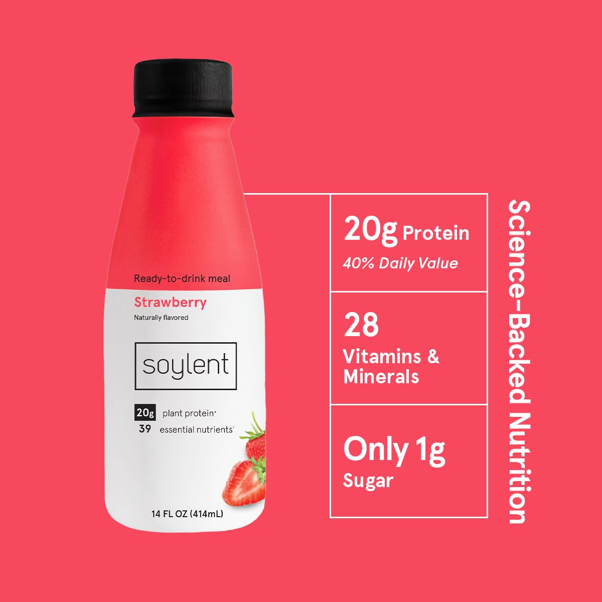 Soylent Creamy Chocolate Meal Replacement Shake, Ready-to-Drink Plant Based Protein Drink, Contains 20g Complete Vegan Protein and 1g Sugar, 14oz