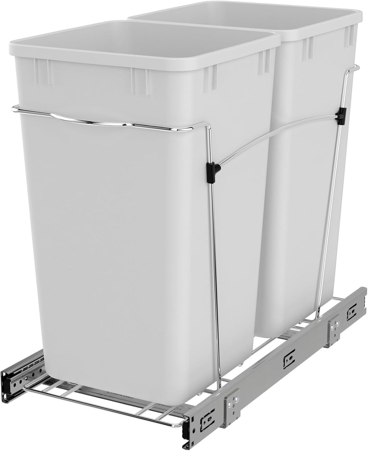 Rev-A-Shelf Double 27 Qt Pullout Trash Can for Base Kitchen Cabinets, Garbage Waste Bin System with Full Extension Slides, Min Opening Width of 11.5", Metallic Silver, RV-15KD-17C S