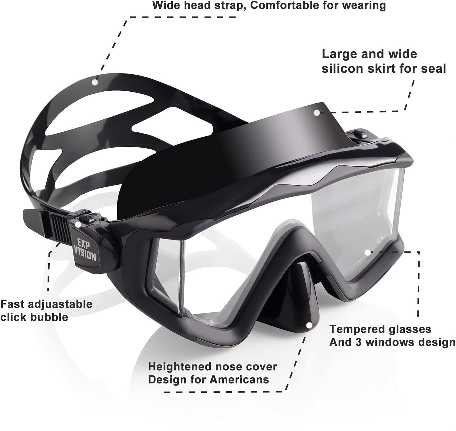 Adult Pano 3 Scuba Diving Mask, Tempered Glass Snorkel Mask Anti-Fog Swim Mask No Leakage Swim Goggles with Nose Cover Snorkeling Gear for Snorkeling