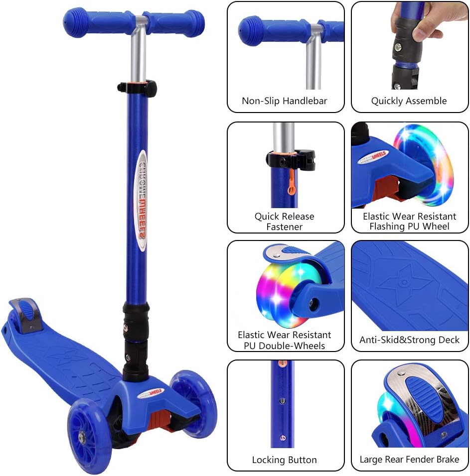 ChromeWheels Foldable Scooters for Kids, Deluxe Kick Scooter 4 Adjustable Height 132lbs Weight Limit 3 Wheel, Lean to Steer LED Light Up Wheels
