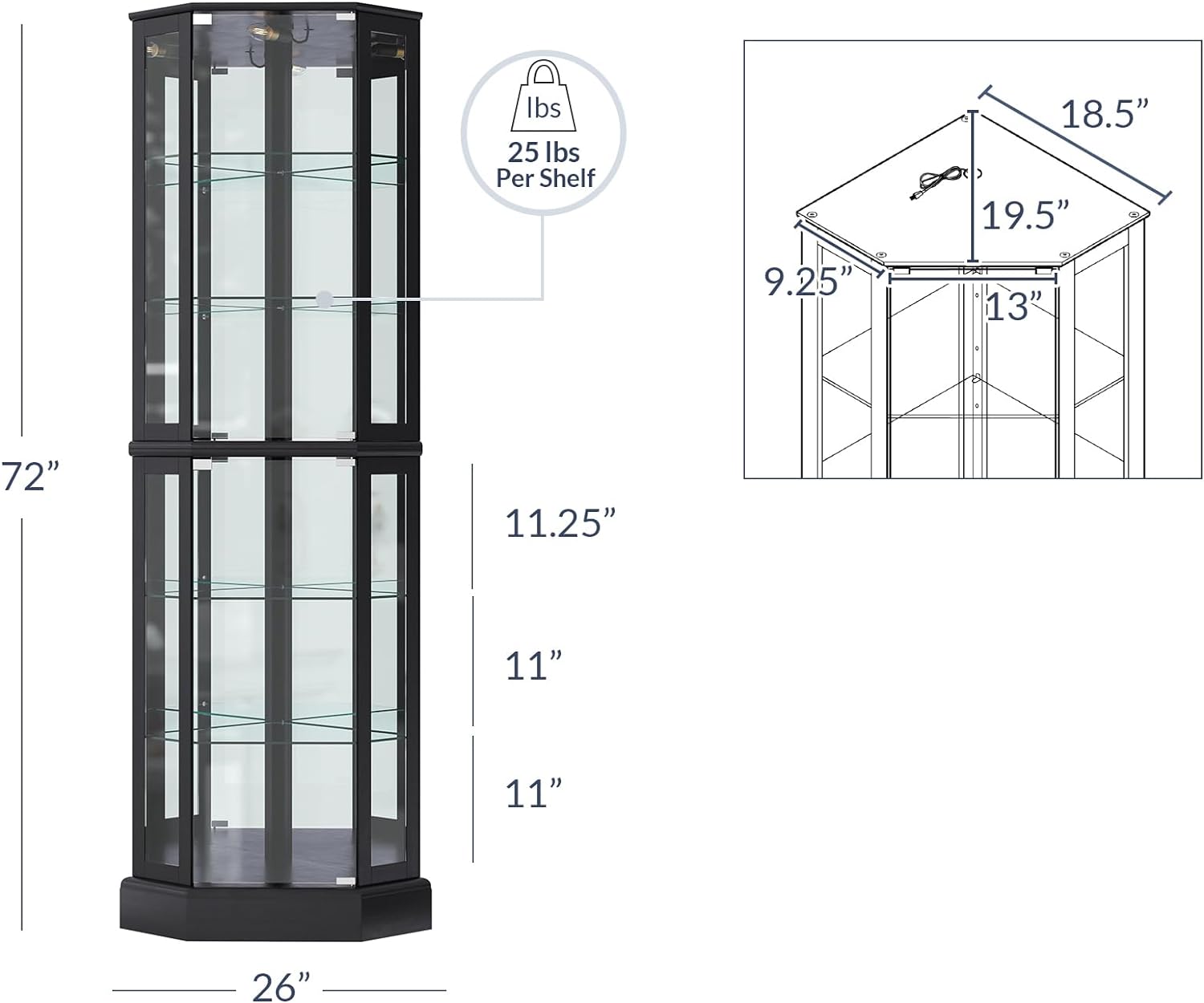 BELLEZE Lighted Corner Display Curio Cabinet Wooden Curved Shelving Unit with Tempered Glass Door
