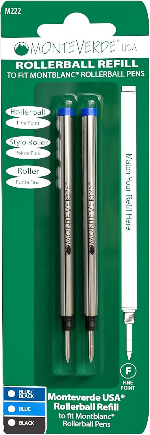 Monteverde Rollerball Refill to Fit Montblanc, Fine, Blue, 2 Pack | Rollerball refill delivers fluid ink flow, bold lines