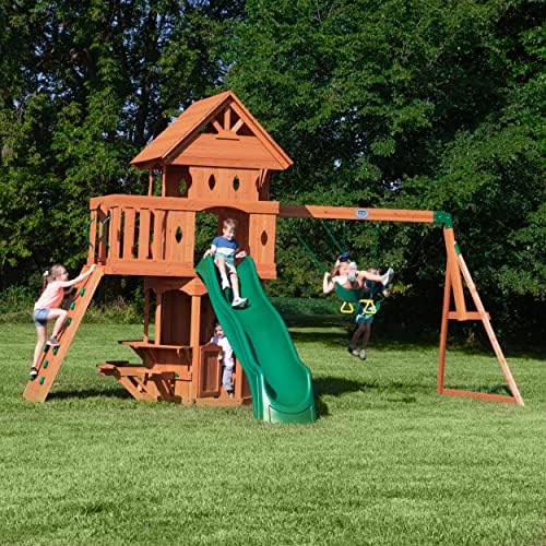 Backyard Discovery Woodland Cedar Wood Swing Set with Wave Slide, Clubhouse, Rock Wall, Snack Bar Station, Benches, Belt Swings, Trapeze, Half Door