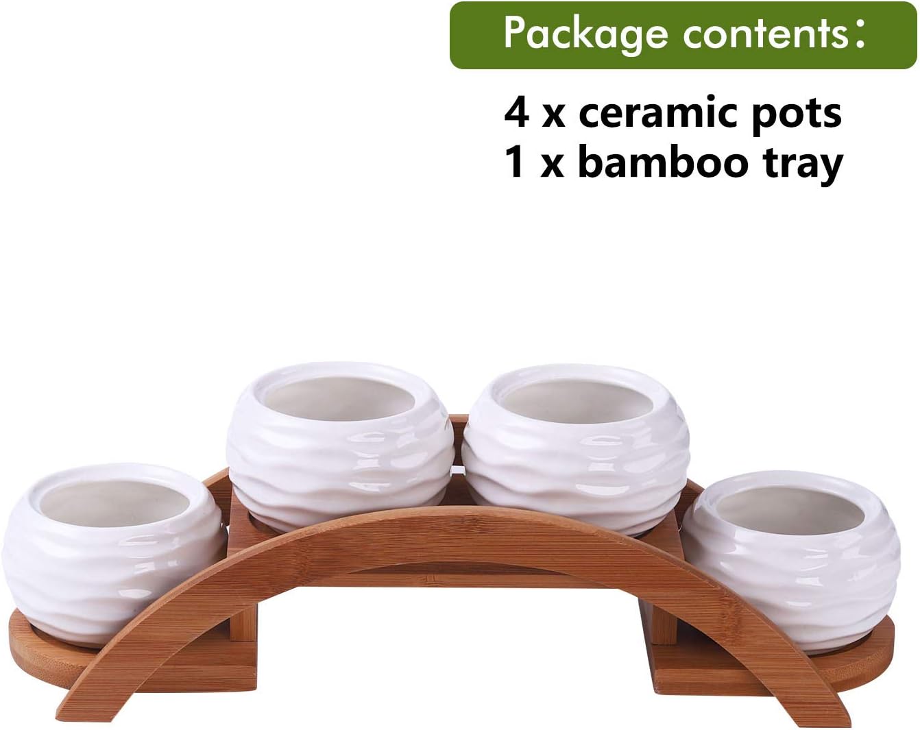 E-liu Eliu Cute Small Ceramic Succulent Pots and Stand Set, Pack of 4 | White Succulent Planter Pot with Drainage Fits Well In Windowsills
