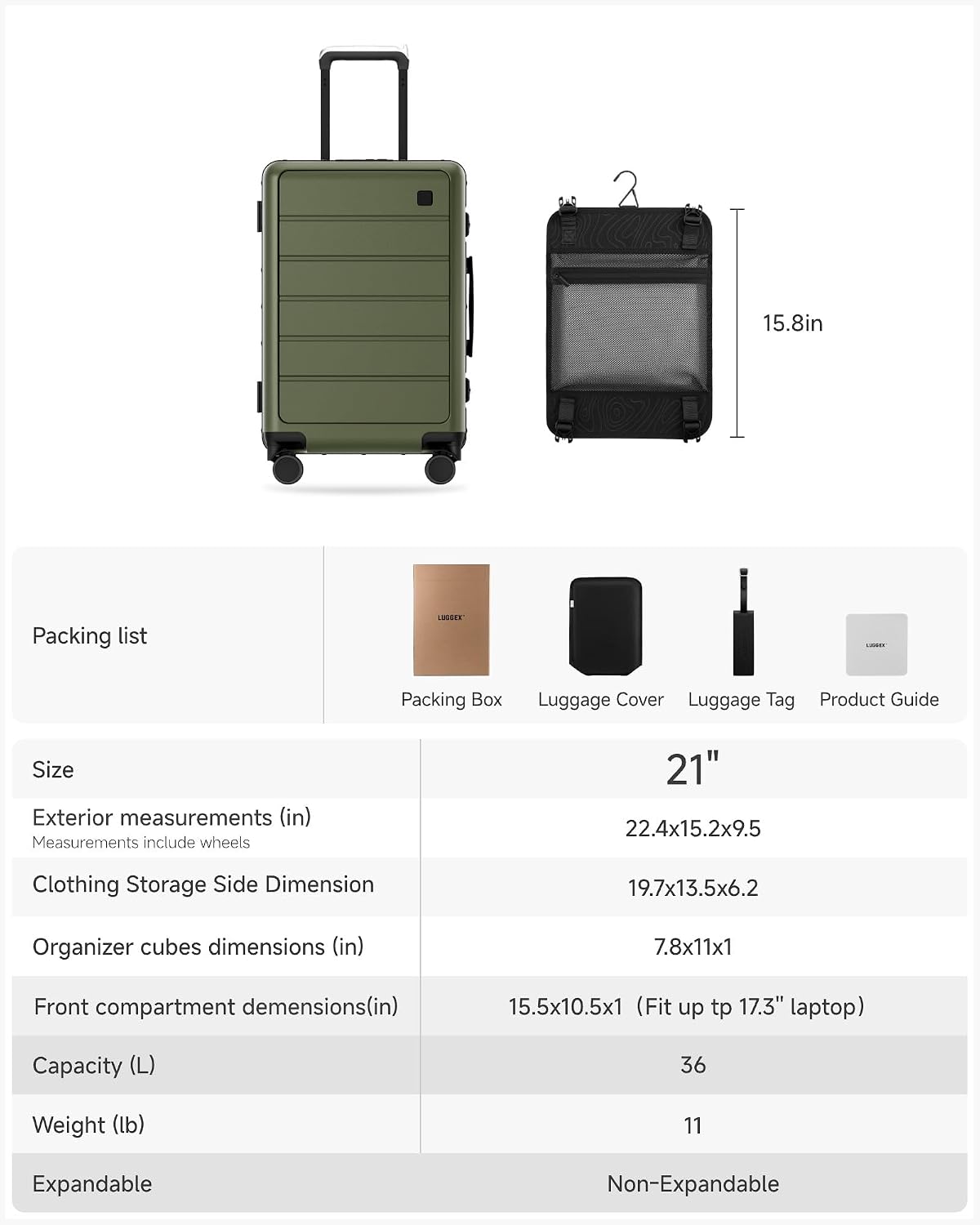 LUGGEX Front Opening Zipperless Carry On Suitcase, Black, 21" | Carry On Luggage, Front Opening, Airline Approved, TSA Lock, 8 Spinner Wheels, 36L Capacity, HUP-Pro Hard Shell, ZX-Core