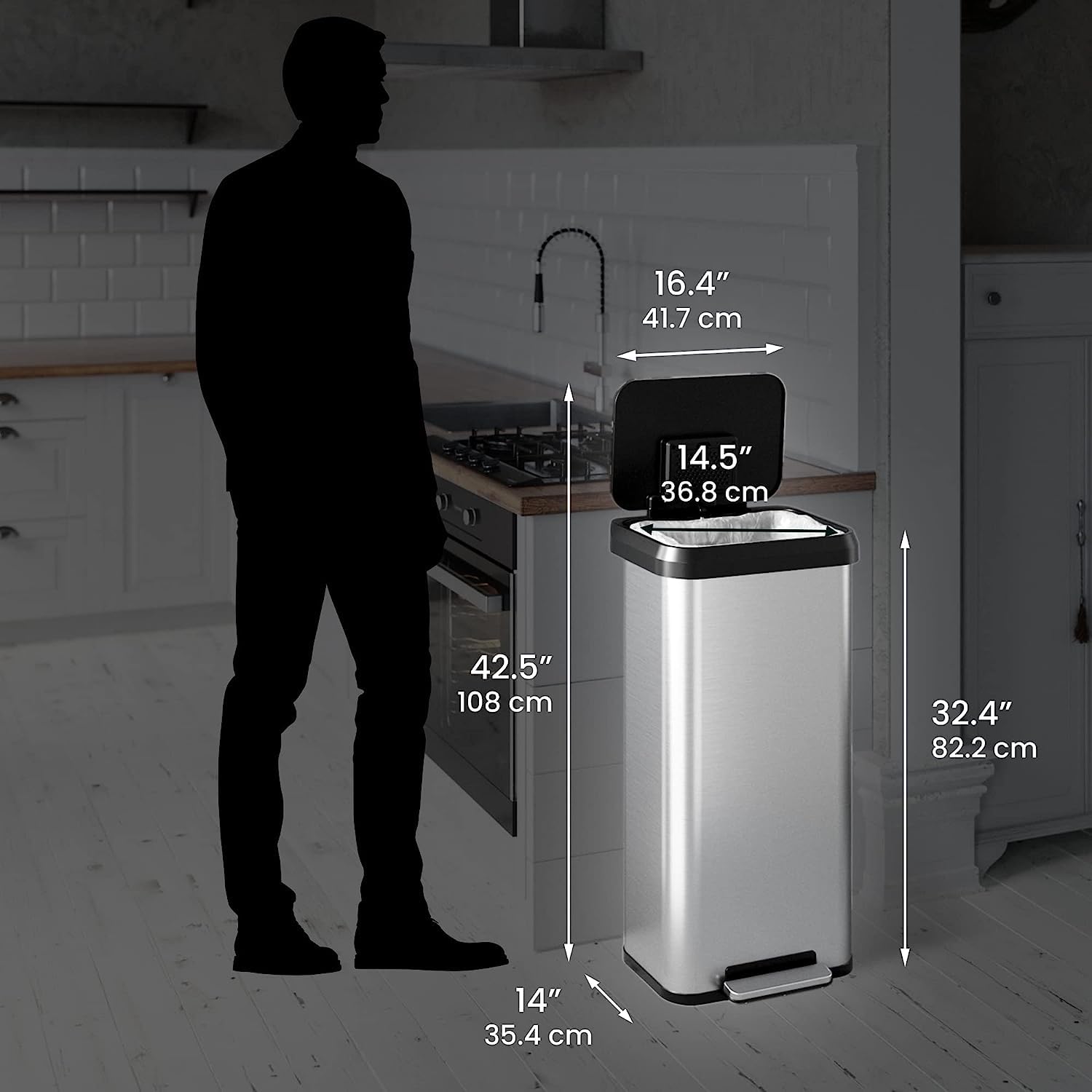 iTouchless Airstep 13 Gallon Step Pedal Kitchen Trash Can with Odor Filter, 50 Liter Commercial Grade Stainless Steel Recycle Bin for Home and Office, Silent Lid Open and Close