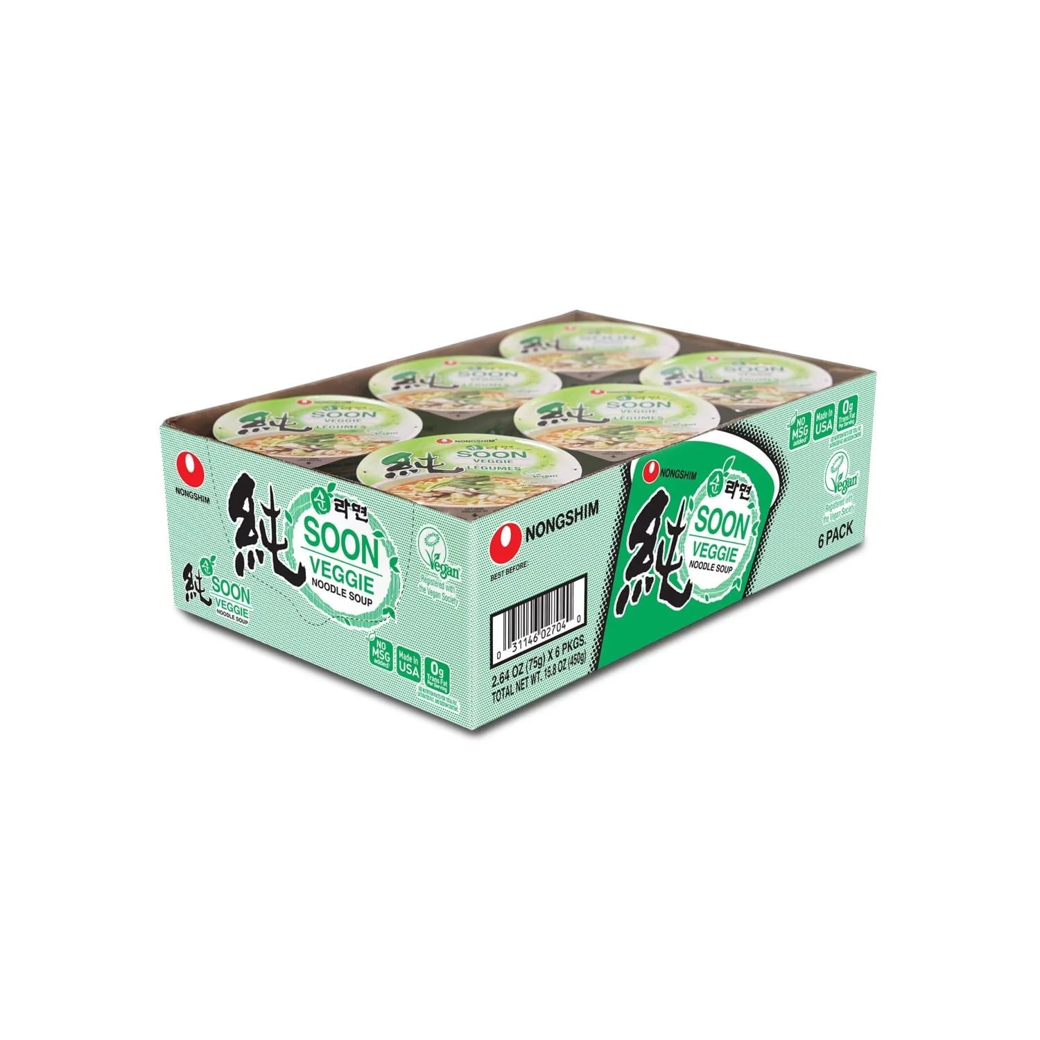 Nongshim Soon Veggie Ramyun Noodles, Signature Korean Instant Ramyun, Vegetable Flavored Broth, Vegan Noodles, Quick & Easy, Microwaveable Cup, 2.64 oz (Pack of 6)