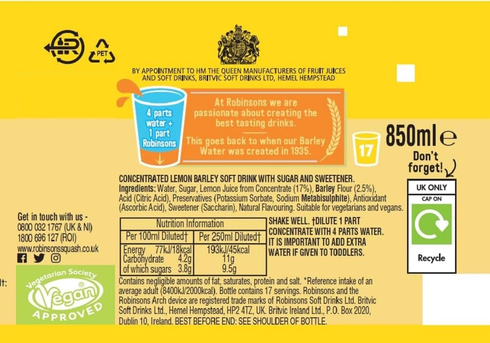 Robinsons Water Lemon Barley 850ml (Pack of 3)