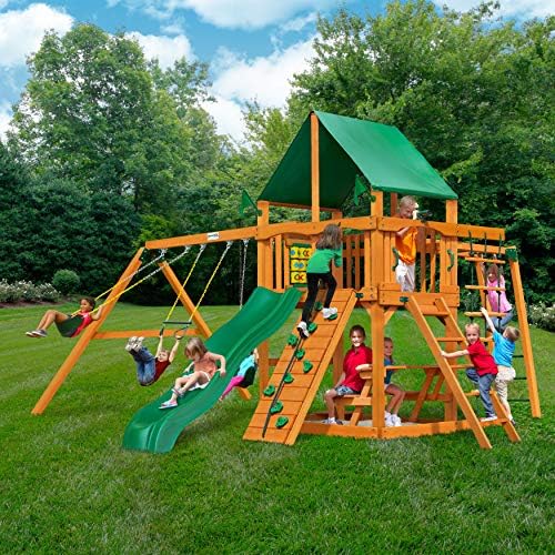 Gorilla Playsets 01-0020-AP-1 Navigator Wooden Swing Set with Deluxe Green Vinyl Canopy, Monkey Bars, Swings, and Slide, Brown