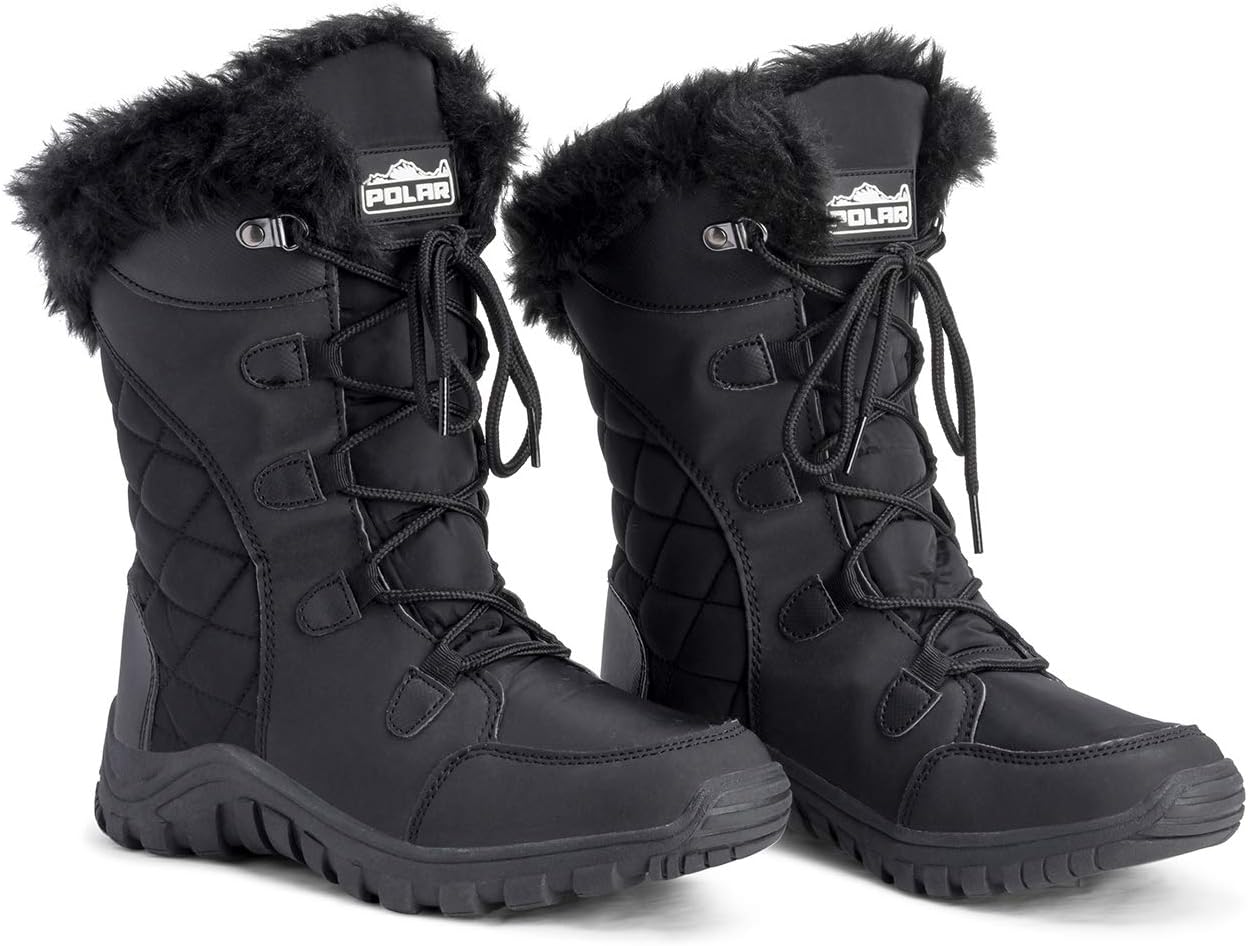 POLAR Womens Quilted Faux Fur Cuff Winter Duck Rubber Sole Durable Snow Rain Outdoor Boots