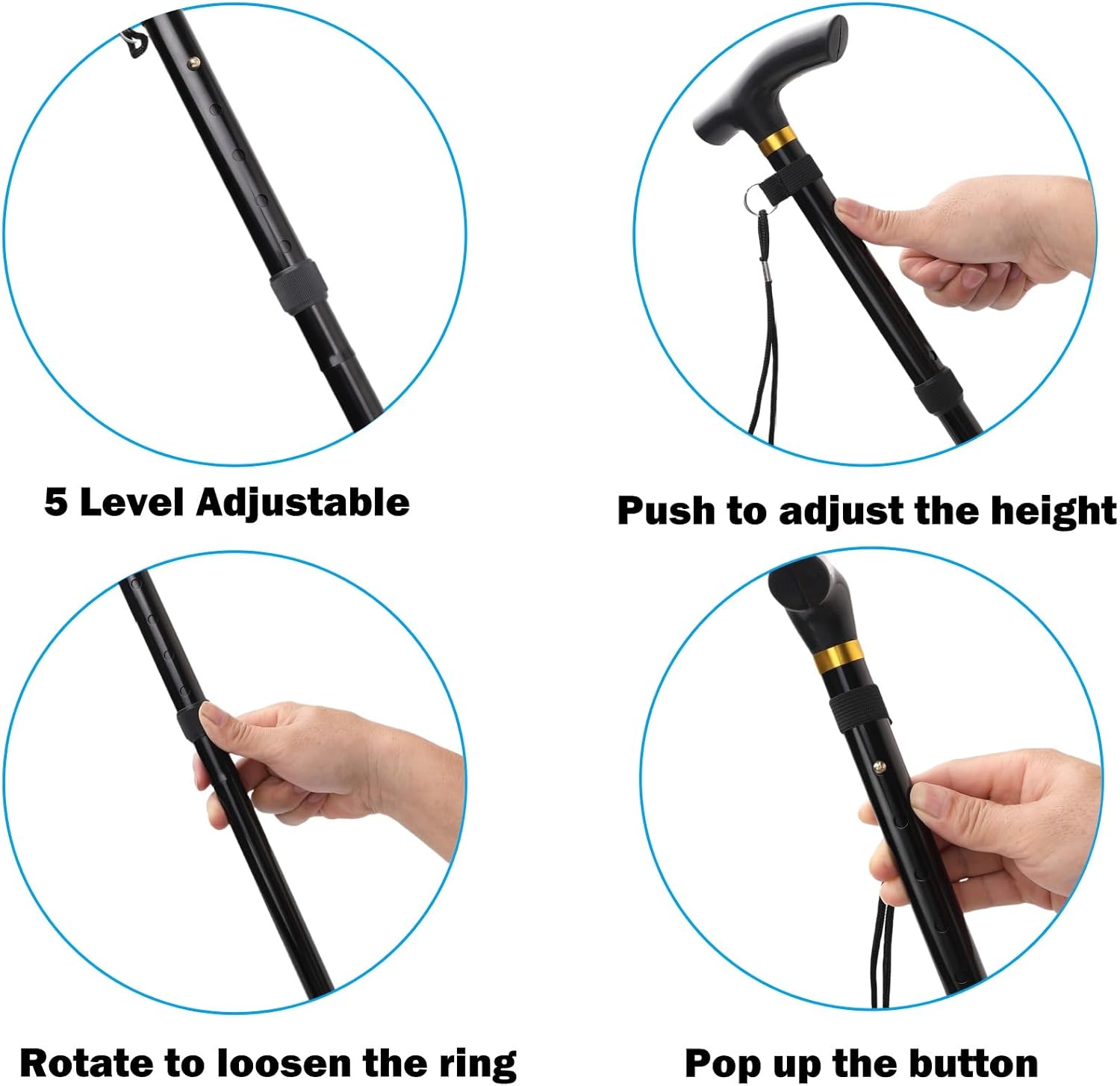 Folding Lightweight Walking Stick - Adjustable Aluminum Metal Collapsible Travel Cane with Non-Slip Rubber Base