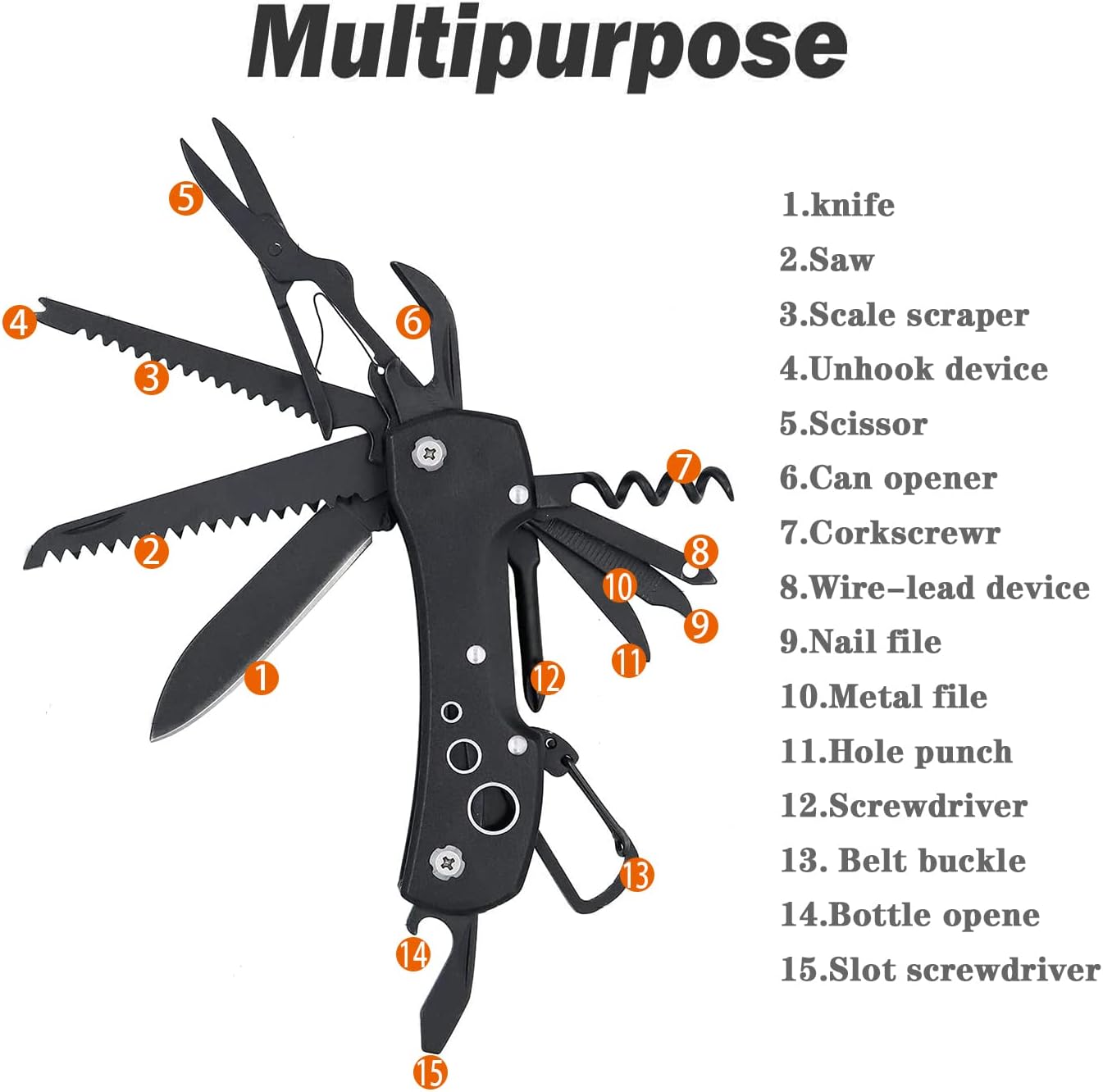 Swiss Small Pocket Knife, 15-in-1 Multitool for Camping, Hiking & EDC | Includes Bottle Opener, Saw
