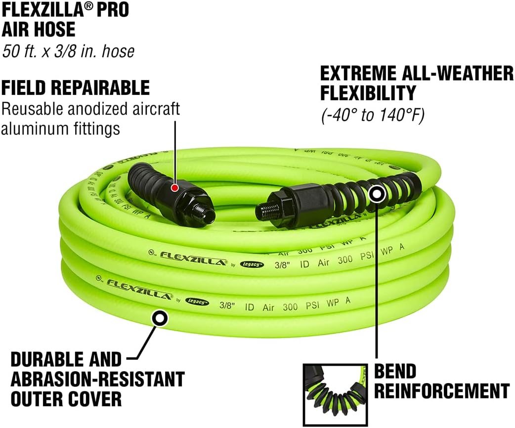 Flexzilla Open Face Retractable Air Hose Reel, 3/8 in. x 50 ft., Heavy Duty, Lightweight, Hybrid, ZillaGreen - L8611FZ