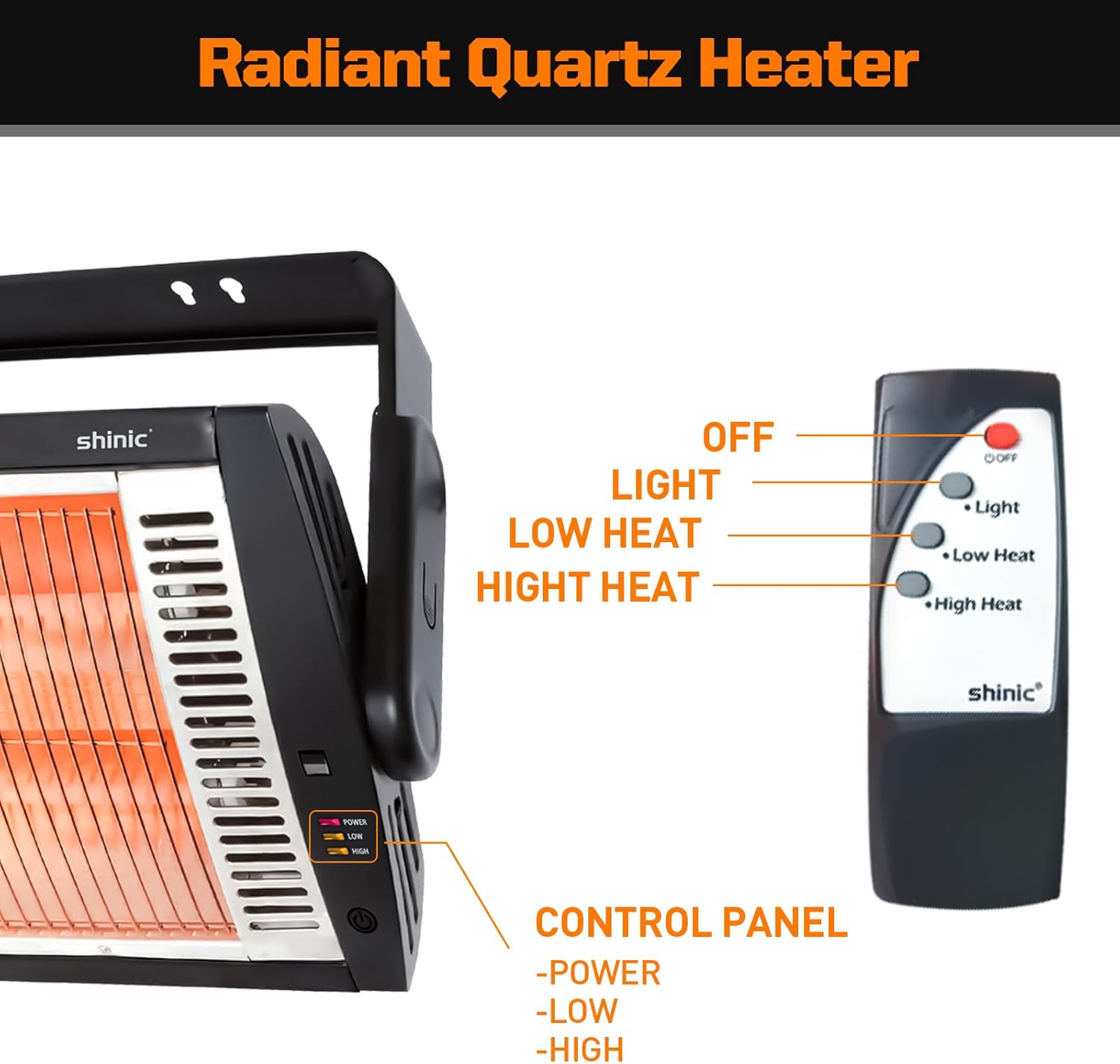 Shinic Electric Garage Heaters with Remote Control, 1500W/750W Ceiling Mounted Radiant Quartz Heater with Work Light, 90° Rotation, 5 Mode Settings