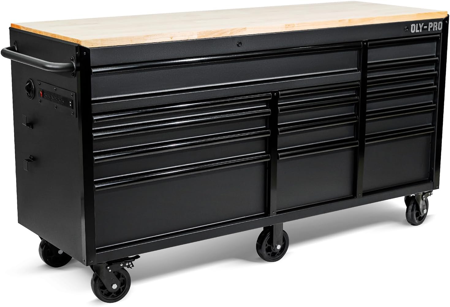Olympia Tools 72 inch Heavy Duty Mobile Tool Chest Tool Box, with Solid Wood Top Workbench, 15-Drawer Rolling Tool Chest, Tool Storage Organizer for Garage, Workshop, and Home, Black