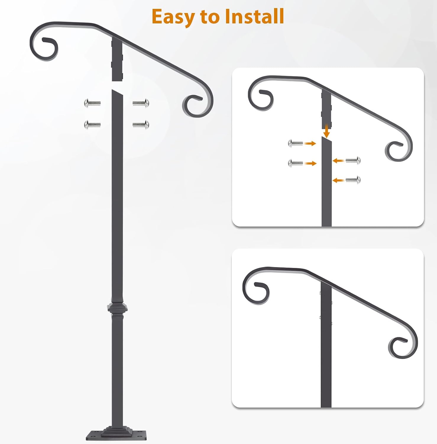Wrought Iron Handrail 38.8" H, Single Post Handrail Fits 1 or 2 Steps