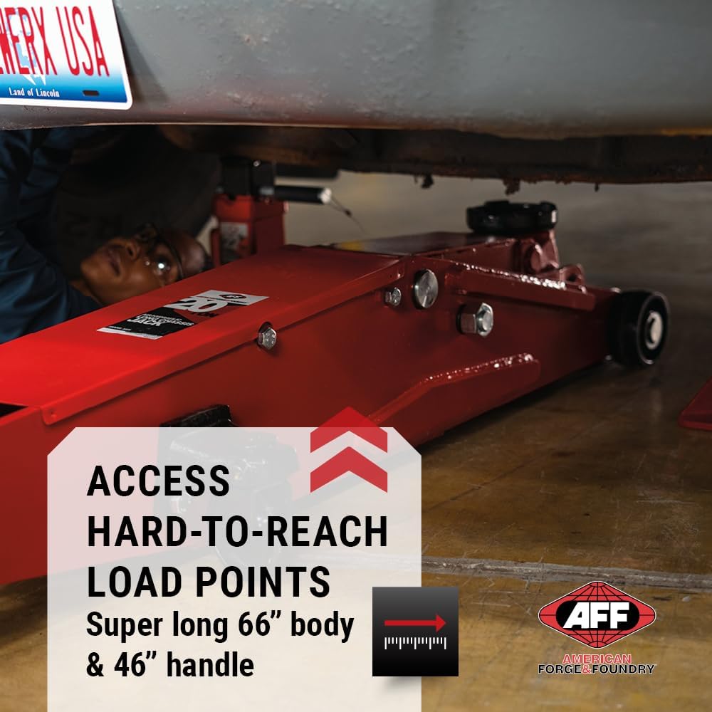 AFF 10 Ton Air Hydraulic Long Chassis Jack - for Long Overhang Vehicles | 10 T Floor Jack with Foot Pump & 3-Position Lock Handle - Ideal for Repair Shops, Bus & Truck Fleets, Heavy Duty Equipment