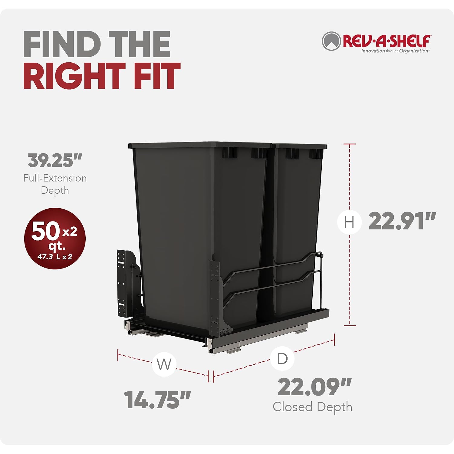 Rev-A-Shelf Double Pullout Trash Can w/Soft-Close Slides, 14.5" Min Opening | Large Capacity Garbage/ Recycling Bins for Full Height Kitchen Cabinets, Heavy Gauge Wire Construction, 53WC-2150SCDM-217