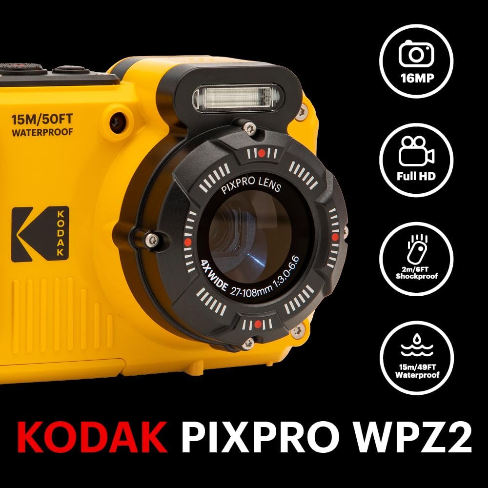 KODAK PIXPRO WPZ2 16MP Waterproof Digital Camera, 15m, 4X Zoom, Yellow