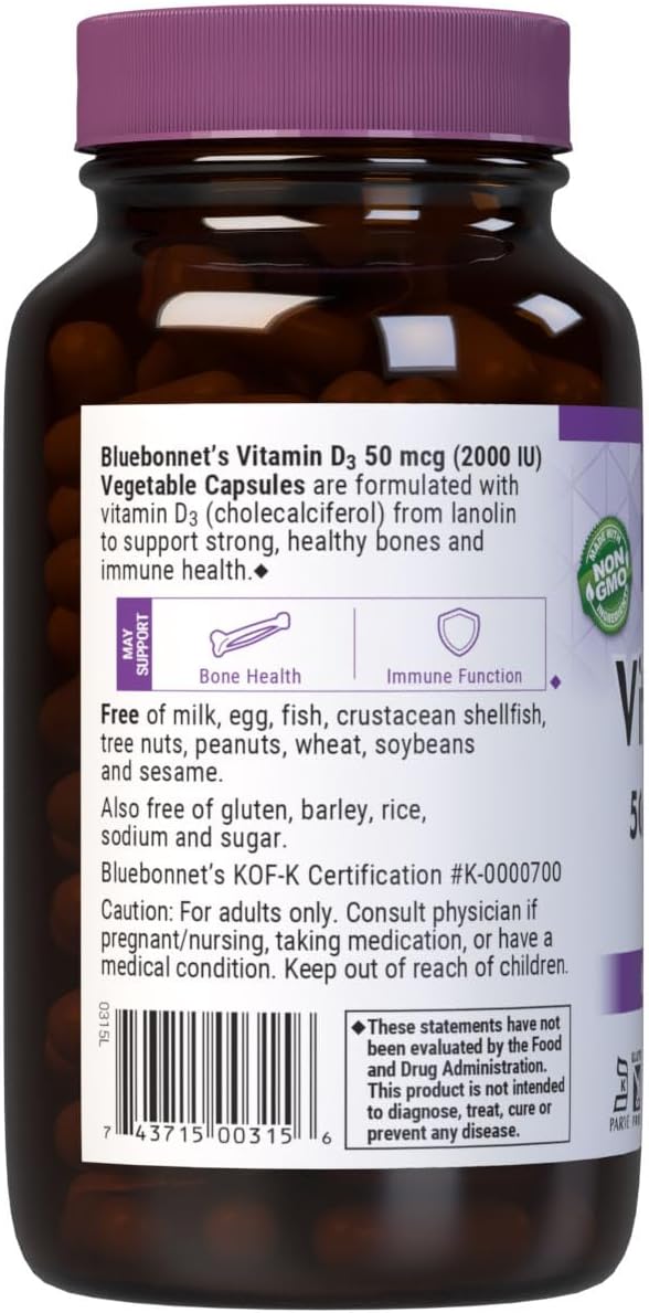 Bluebonnet Nutrition Vitamin D3 2000 IU Vegetable Capsule, Aid in Muscle and Skeletal Growth, Cholecalciferol from Lanolin, D3, Non GMO, Gluten Free