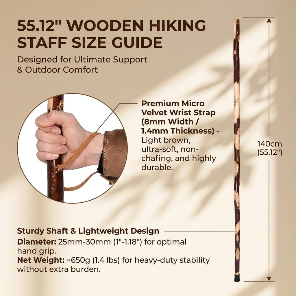 FOREST PILOT Handcrafted Nature Wood Hiking Stick 55 Inches Long - with Hand Strap and Rubber Tip Cover - Transparent Waterproof Painting Coating