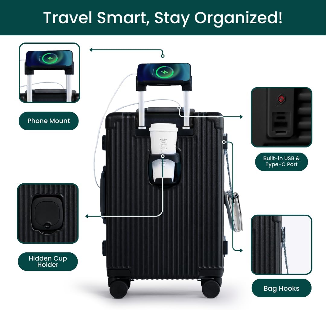 Nobl Travel Carry on Luggage, Zipperless Aluminum Frame, TSA Locks | PC Hard Shell Suitcase, Airline Approved, 360° Spinner Wheels, USB Charging Port, Cup & Phone Holder, 22.5x15x9.5, Ivory