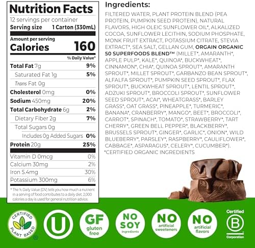 Orgain Organic 20g Vegan High Protein Shake, Chocolate, 11 oz, 12pk