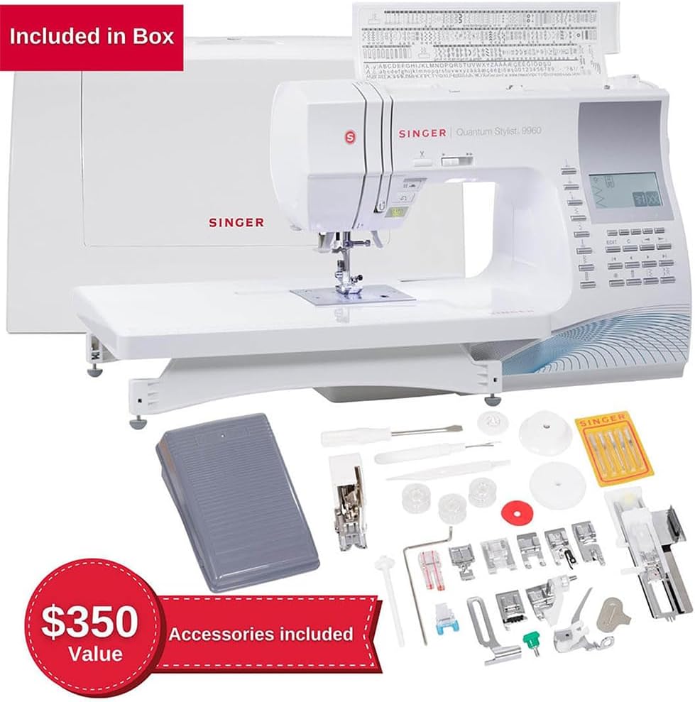 SINGER® Quantum Stylist 9960 Computerized Sewing & Quilting Machine | Hard case, extension table, 13 presser feet included, 600 stitches, 5 fonts, LED light, metal frame, 13 one-step buttonholes