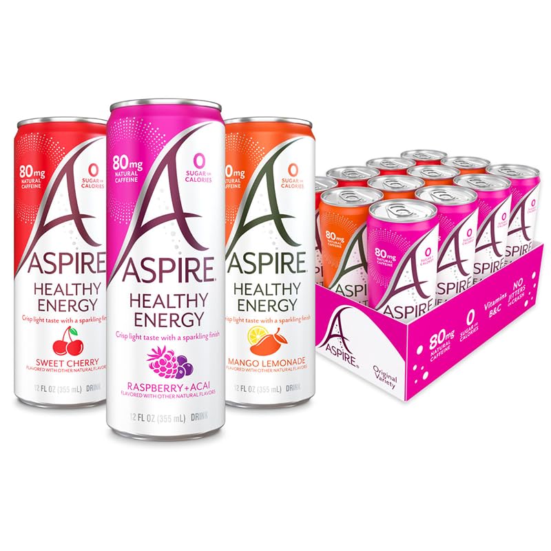 ASPIRE® Raspberry Acai, Healthy Energy Drink 80mg Natural Caffeine, Zero Sugar No Carbs Keto Friendly, 12 Pack Green Tea Sugar Free Drink Low Caffeine Zero Calorie