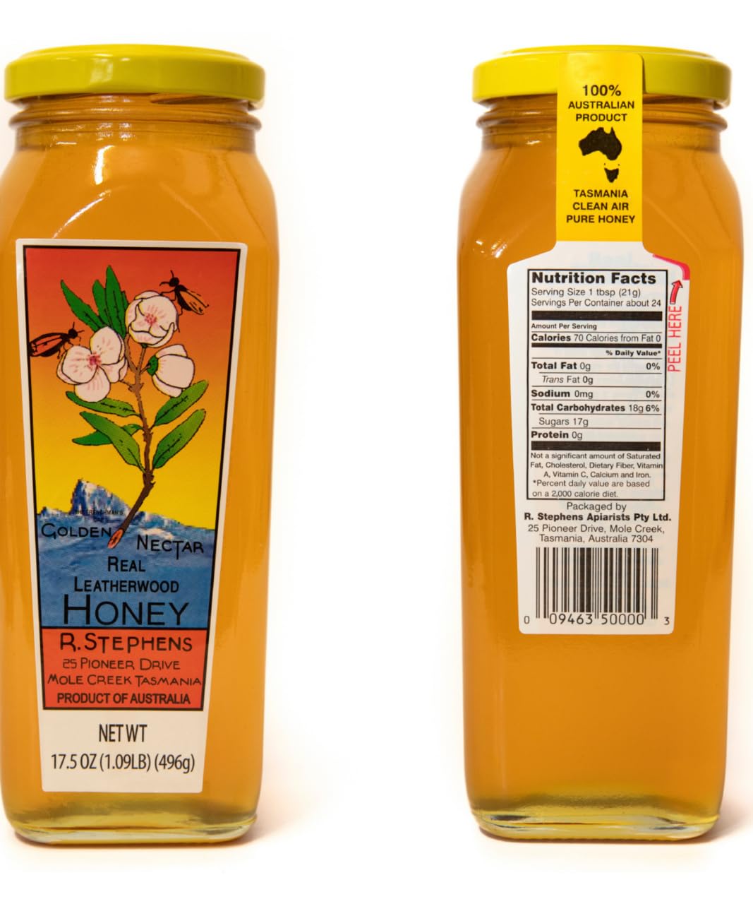 Golden Nectar Organic Leatherwood Honey by R. Stephens – 500g Jar – Product of Tasmania, Australia