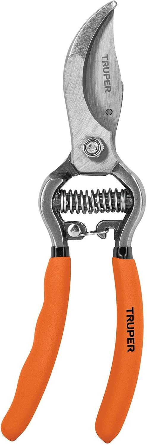 Truper Bypass Pruners, 8", Forged, Stainless Steel Blade, Serrated, Ambidextrous, Round Point, Classic, 0.35 kg, Garden Scissors