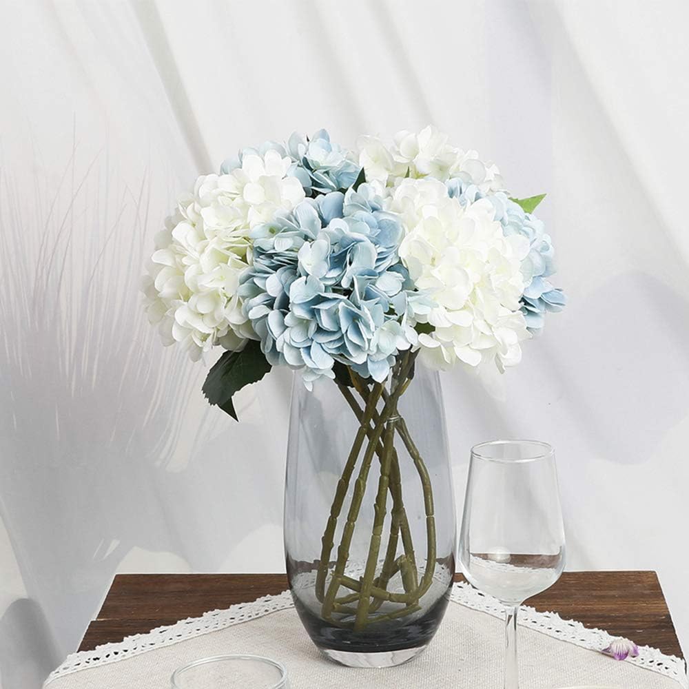 Kisflower 6pcs White Hydrangea Artificial Flowers - Faux Hydrangea Flowers, Fake Silk Flowers for Table Centerpiece