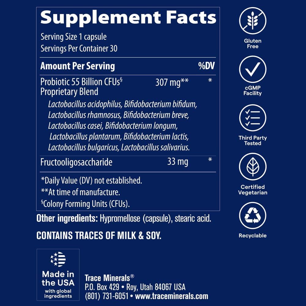 Trace Minerals Probiotic 55 Billion CFU, 30 Capsules | Multi-strain Lactobacillus and Bifidobacterium, enteric-coated delayed release, 1 daily capsule