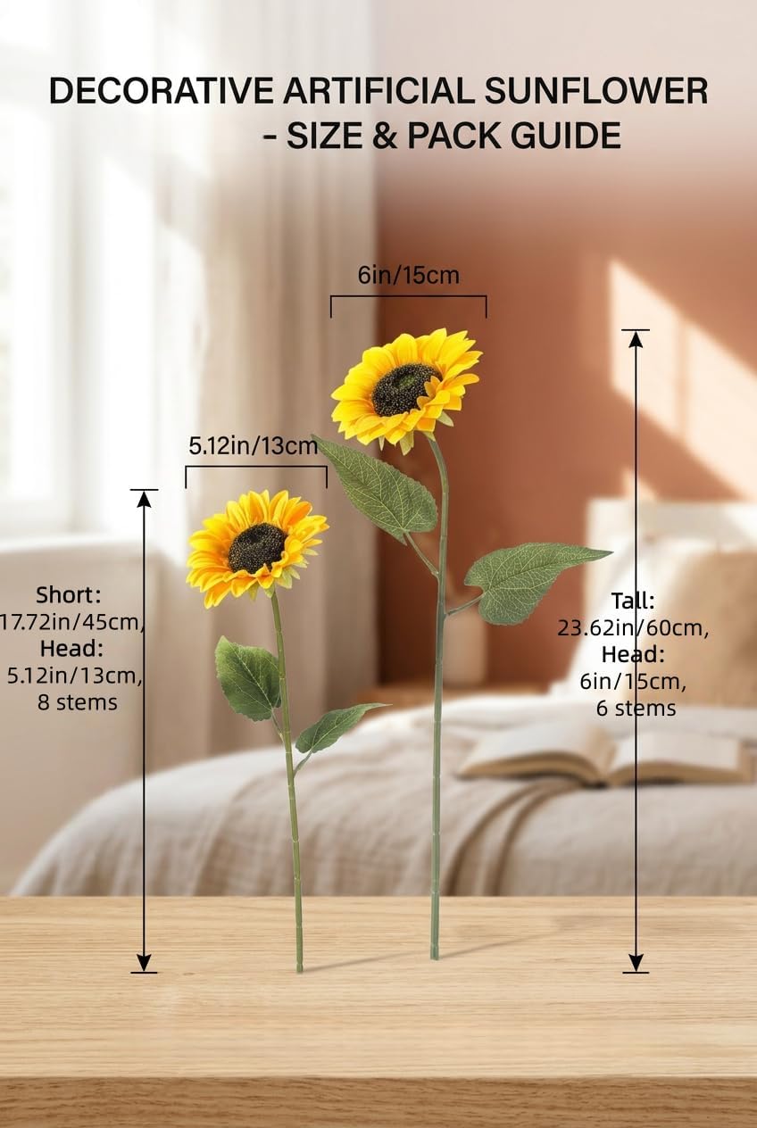 Laelfe Artificial Sunflower Flowers Long Stem Silk Fake Large Sunflowers Decoration for Outdoor Home Wedding Baby Shower Birthday Party Single Bulk