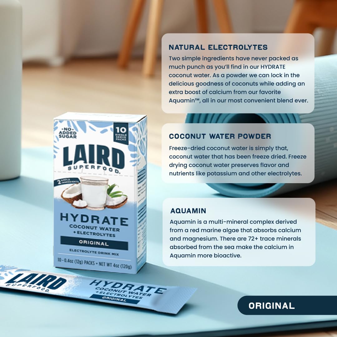 Laird Superfood HYDRATE Coconut Water Powder Drink Supplement with Coconut Water and Auqamin, All Natural, No Added Sugars, Gluten-Free, Non-GMO, Vegan, 8 oz. Bag, Pack of 1