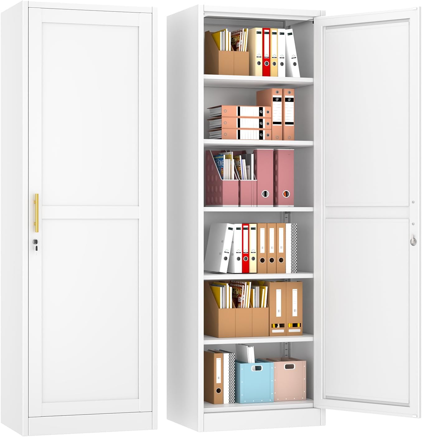 pozdeg 67" Tall Narrow White Metal Storage Cabinet | 2 Doors, 4 Adjustable Shelves, Freestanding Slim Pantry Organizer for Bathroom Kitchen Living Room