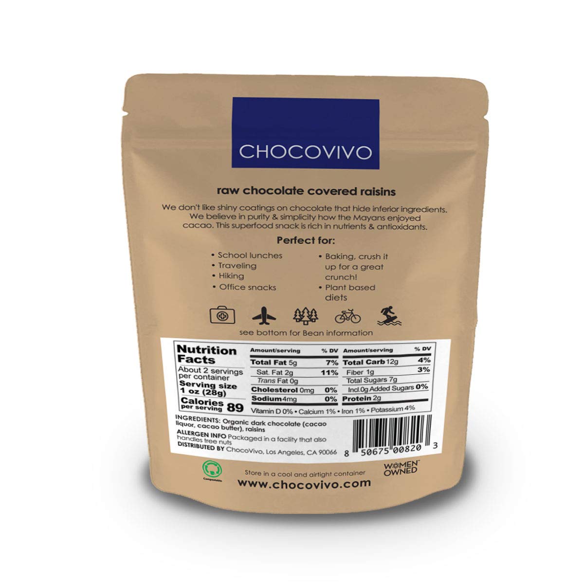 ChocoVivo Dark Chocolate Covered Raisins 70% Cacao, Superfood Snack - Paleo + Keto Friendly, 2.5 Ounces - 3pack