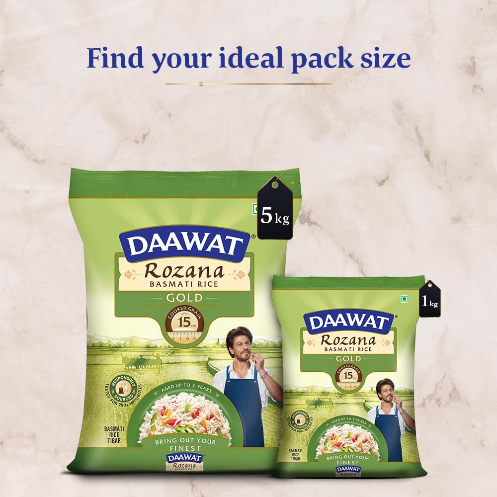 Daawat Rozana Gold Basmati Rice | Naturally Aged Long-Grain Rice | Fluffy & Non-Sticky | Ideal for Everyday Meals, 1 kg (2.2 lb)