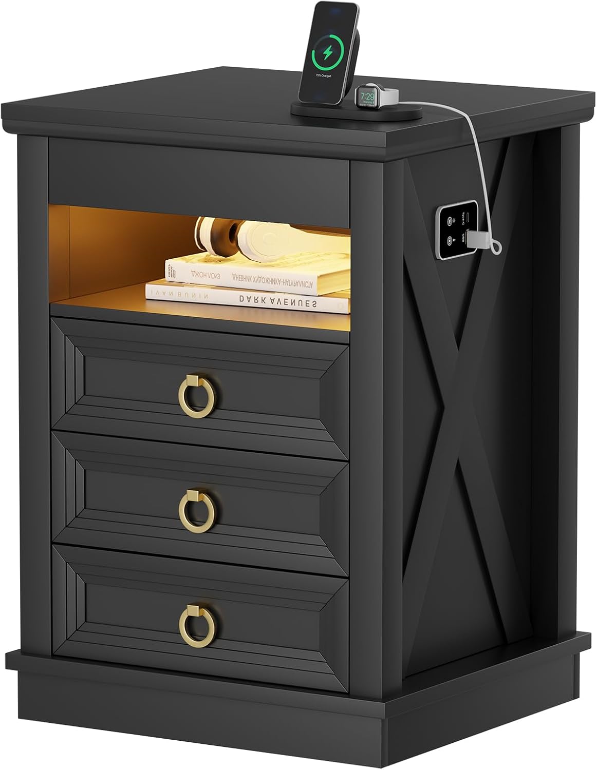 Farmhouse Nightstand with Lockable Hidden Drawer, Human Sensor LED Bedside Table with LED Lights & Charging Station, Rustic Wood Sofa Side End Table with 3 Drawers for Bedroom (Black)