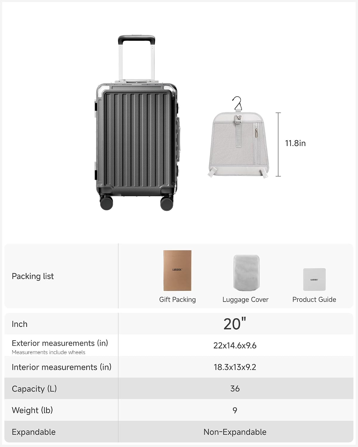 LUGGEX Zipperless Checked Suitcase, Aluminum Frame, Charcoal Metallic, 28" | Checked Luggage, 100% PC Hard Shell, 8010S Aluminum Frame, 8 Spinner Wheels, TSA Lock, Hard Shell, ZX-Core