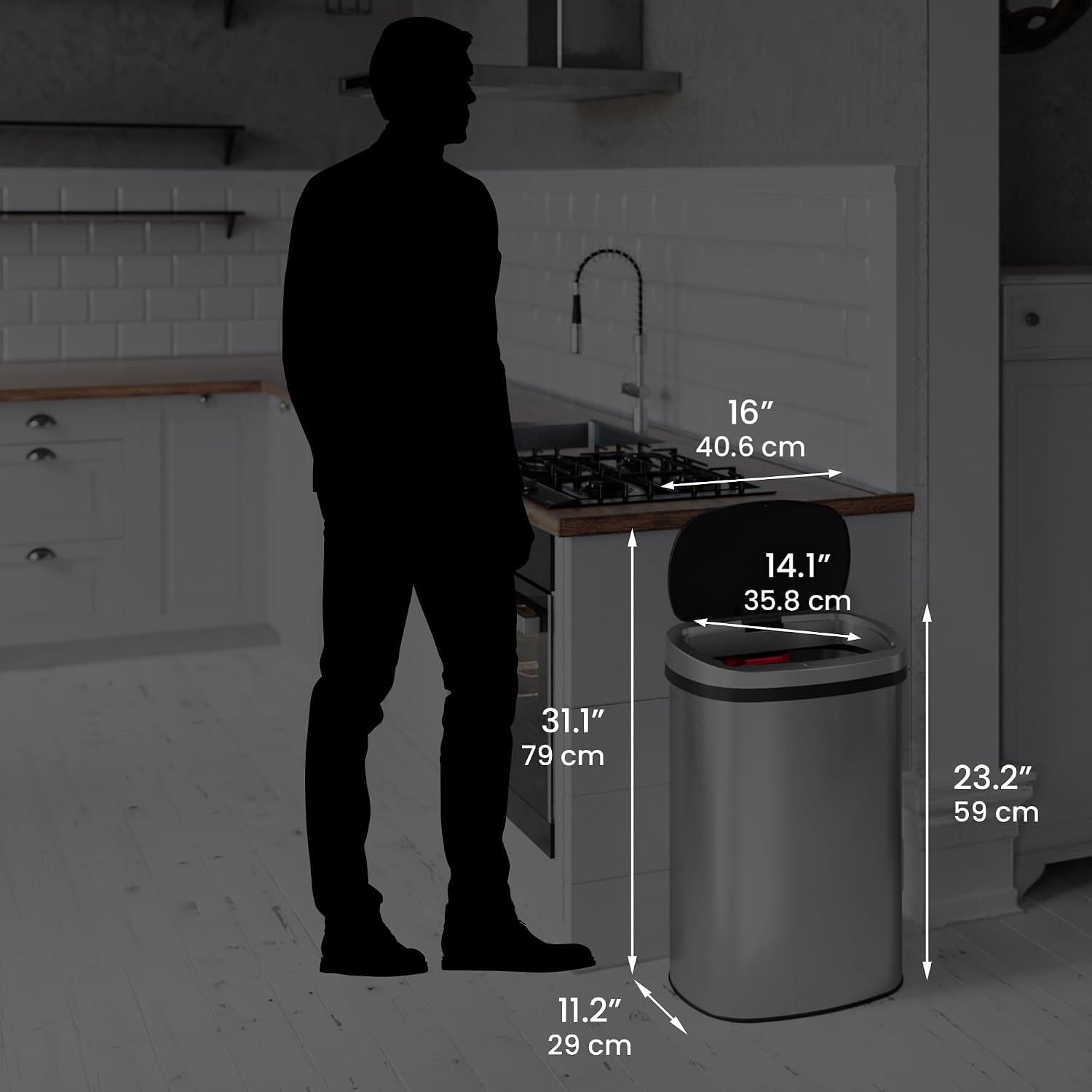 iTouchless 50 Liter / 13 Gallon Kitchen Trash Can with Lid & Deodorizer – Motion Sensor Semi-Round Stainless Steel Garbage Bin for Home, Office, or Garage – Slim, Wide Opening Large Capacity Design